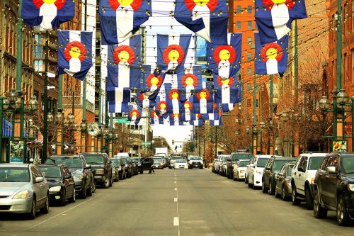 Street draped with Colorado state flags