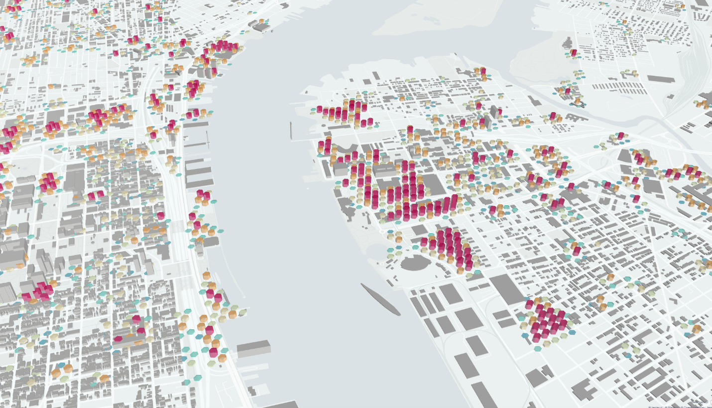 Figure shows Forecasting Anywhere calculation of the technical potential to install Workplace L2 charging based on several factors including: business type, building and parking lot sq. ft., zoning and land use data.