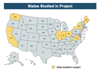 Map showing the states studied in this project. Washington, California, Illinois, Indiana, Ohio, Virginia, New York, and Maine are highlighted